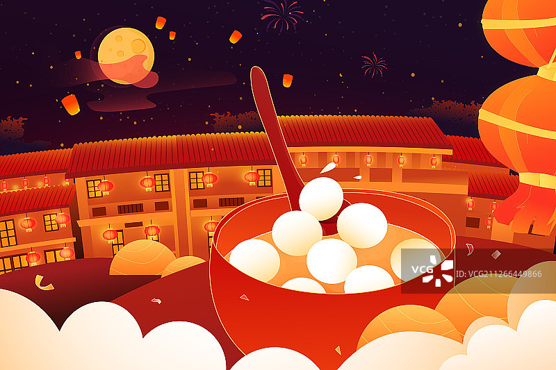 卡通元宵节快乐庆祝活动城市背景中国风矢量插画图片素材