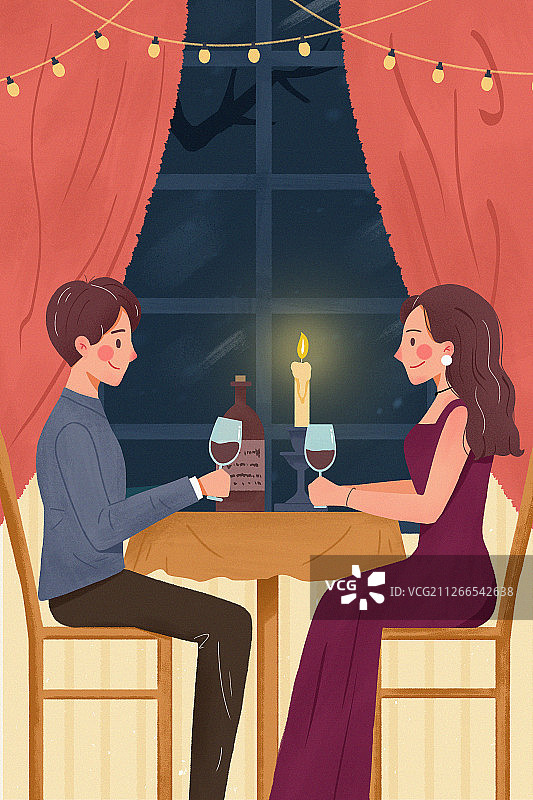 浪漫温馨情人节情侣吃烛光晚餐扁平质感商业插画图片素材