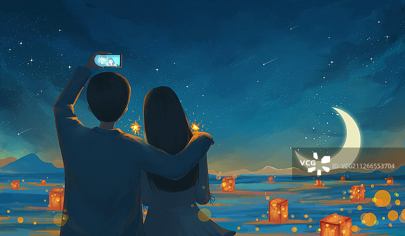 美丽的夜晚相拥自拍的情侣 情人节插画图片素材