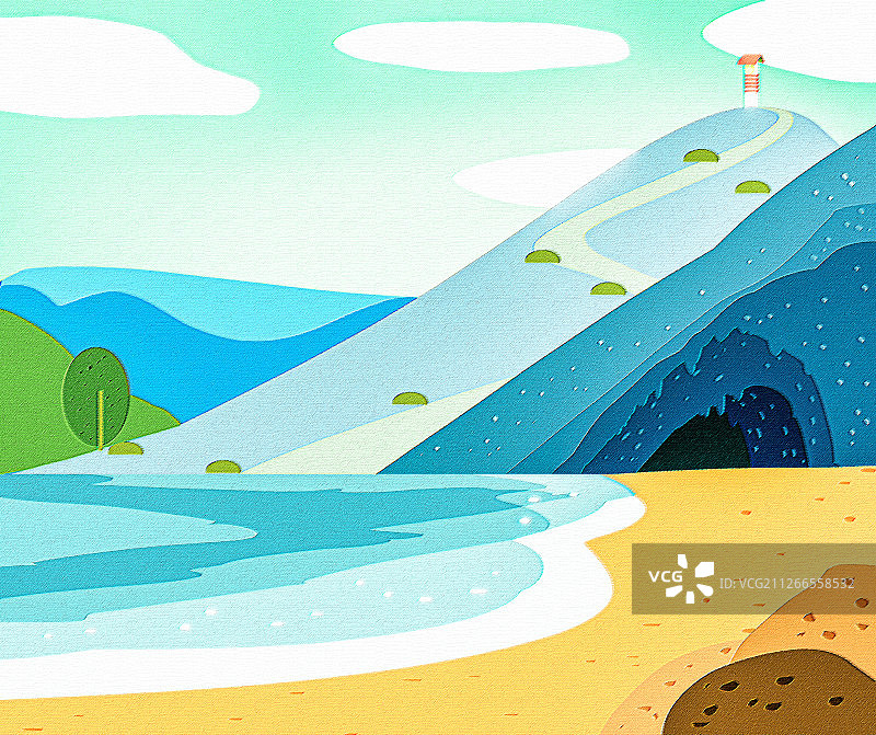 海边风景刺绣插画图片素材