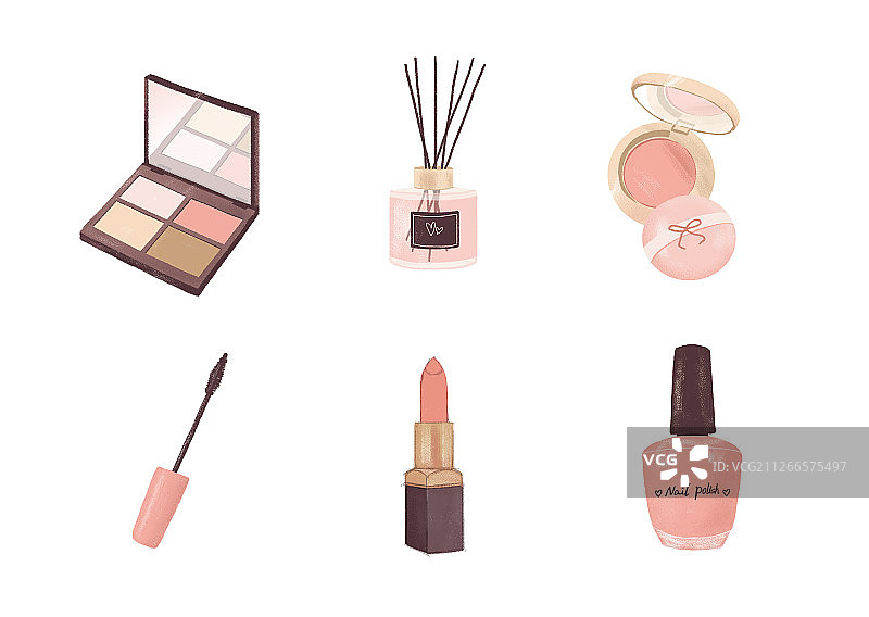 女人化妆品美妆产品手绘插画图片素材
