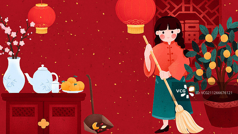 年俗腊月二十四女孩扫尘清洁房屋传统插画2图片素材