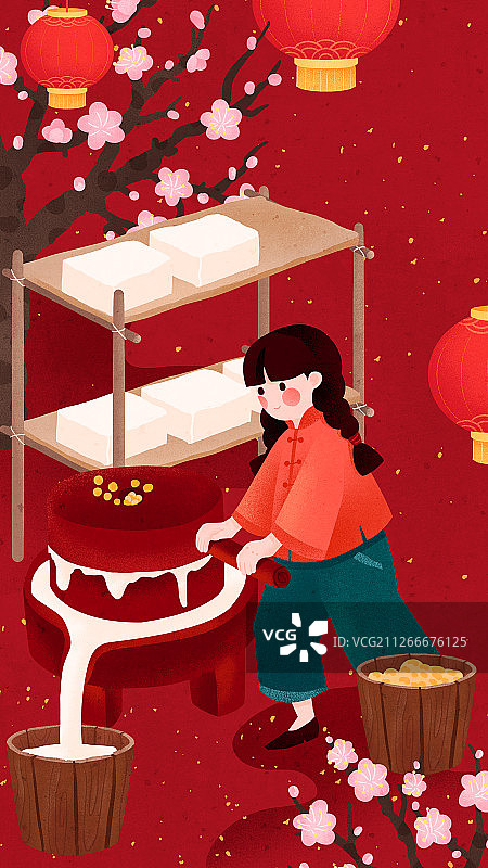 年俗腊月二十五女孩推磨磨豆腐传统插画图片素材