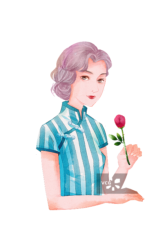 水彩风格民国旗袍女性插画人物元素图片素材