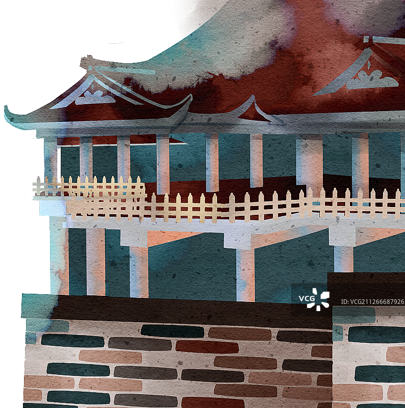 水彩风格中国风建筑插画元素图片素材