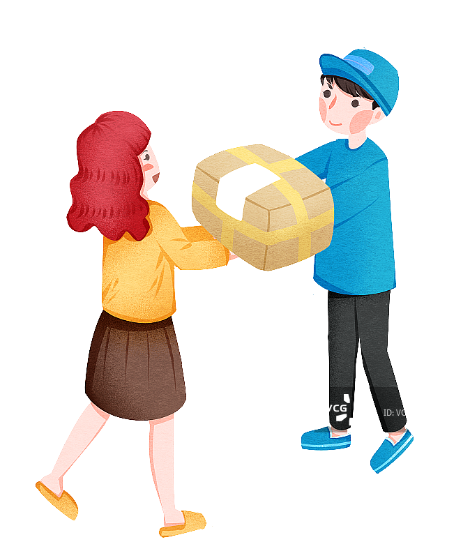 双11购物节快递员给女孩送包裹插画人物元素图片素材