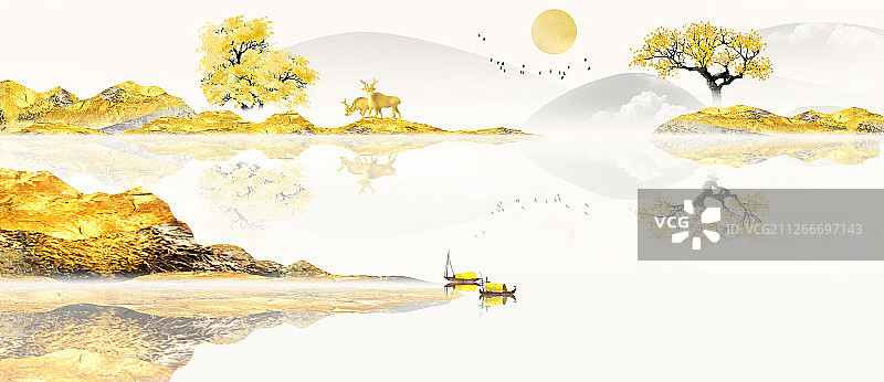 古风金色山水画图片素材