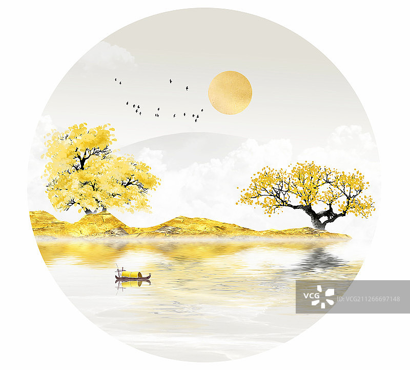 古风金色山水画图片素材