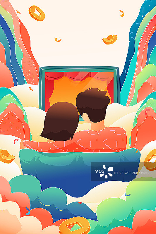 卡通2020新年春节看春晚合家欢中国风背景矢量插画图片素材