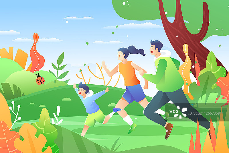 卡通立春出行踏青家人风景背景矢量插画图片素材