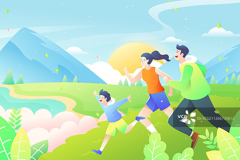 卡通立春出行踏青家人风景背景矢量插画图片素材