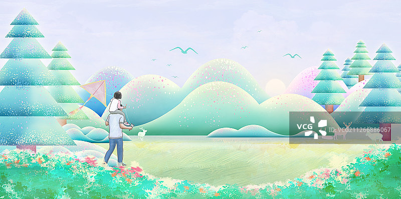 春天森林里的早晨太阳刚升起，父亲带着女儿在山坡草地上放风筝图片素材