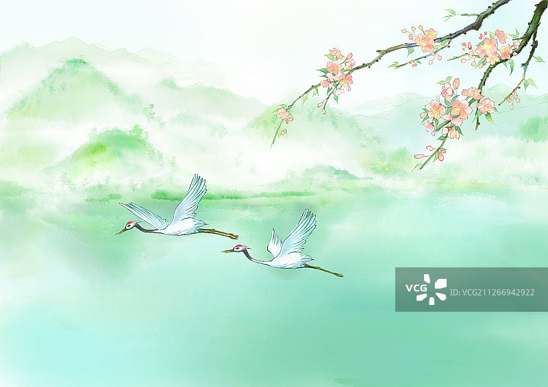 手绘中国风小清新水彩风格山水风景插画图片素材