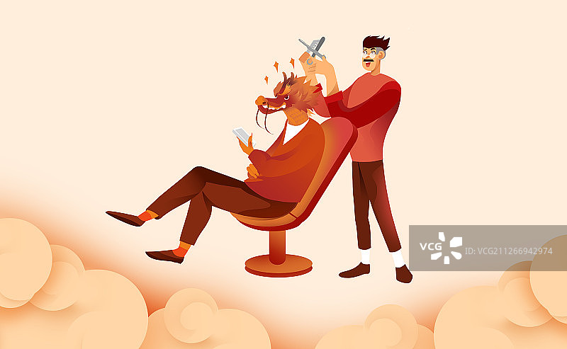 卡通手绘二月二龙抬头创意龙理发闪屏海报插画图片素材
