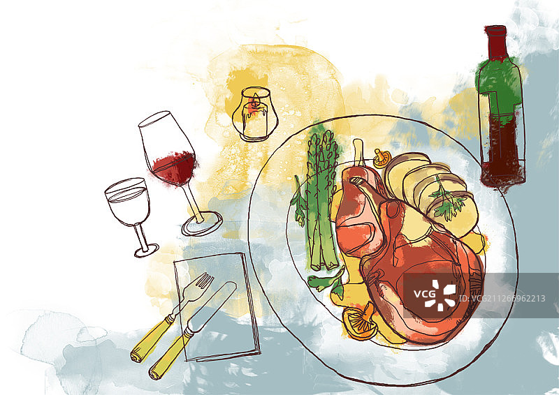 盘子和一杯葡萄酒的插画图片素材