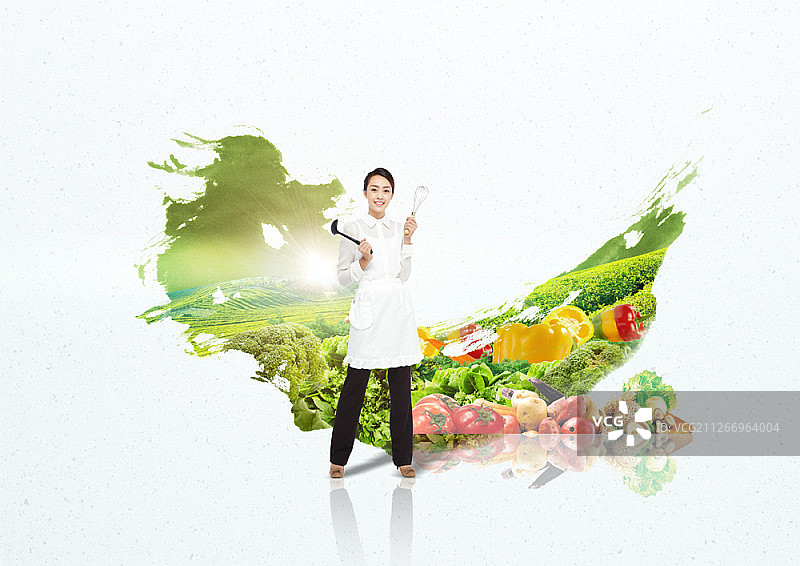 以绿茶田为背景的厨师数字合成图像图片素材