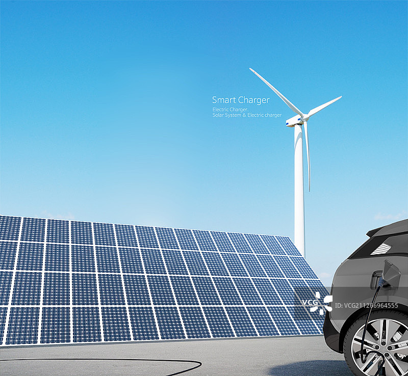 太阳能电池板和电动汽车的3D图图片素材