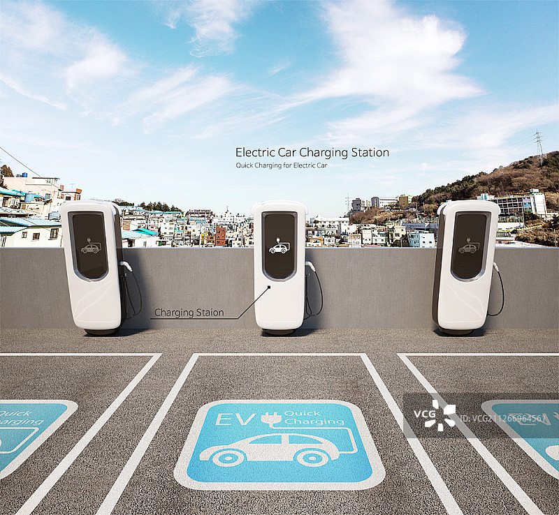 3D插画：电动汽车充电图片素材