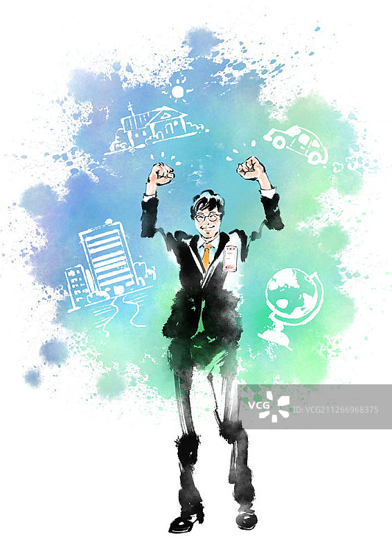 跳跃的商人水彩插画图片素材