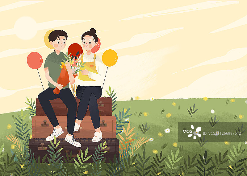 坐在行李箱上一起出发去旅行的一对幸福情侣图片素材