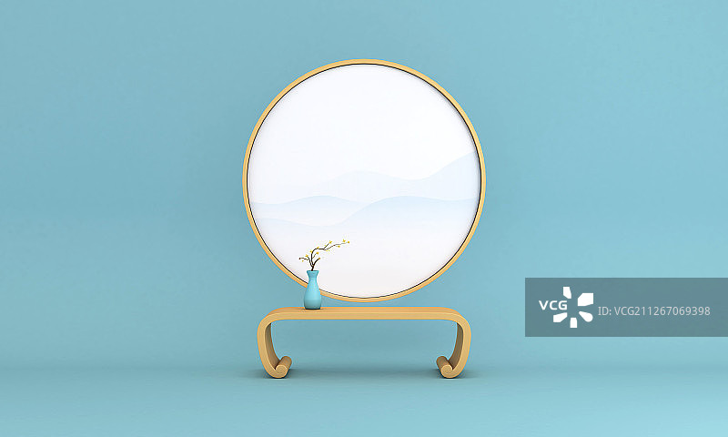 新中式淡雅风茶几花瓶屏风展示场景图片素材