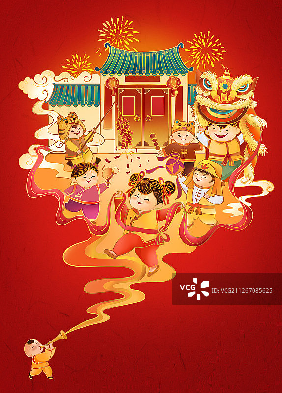 春节除夕舞狮贺图图片素材