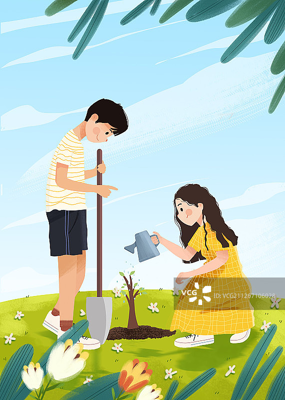 植树节正在种树的一对青年男女图片素材
