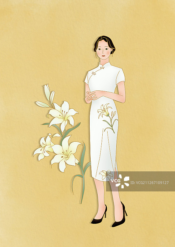 线条风旗袍美女-百合图片素材