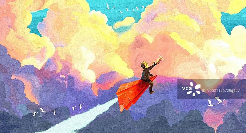 童真天空唯美手绘插画 儿时的梦想纸飞机图片素材