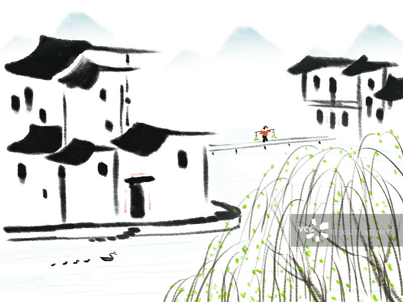 春江水暖鸭先知江南水乡早春插画图片素材