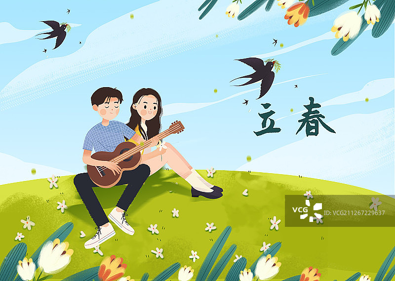 立春时节坐在草坪上弹吉他约会的青年男女图片素材