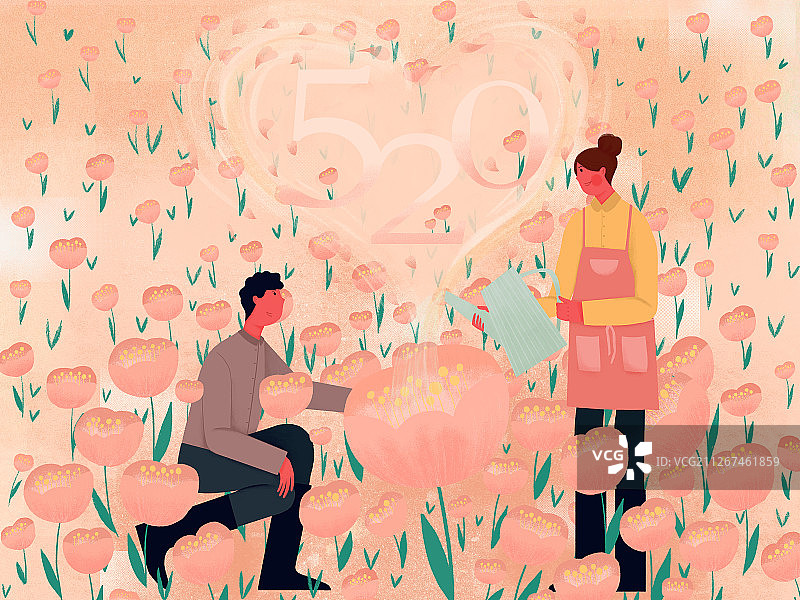 情侣种植爱情的花朵情人节520温馨插画图片素材