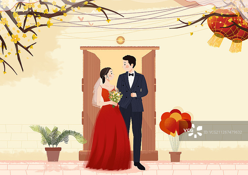 春节期间庆祝新年的一对幸福新人图片素材