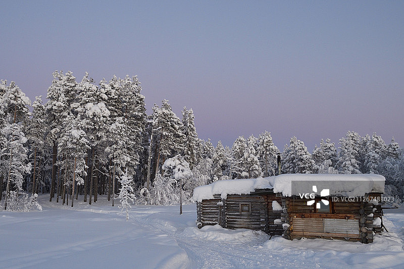 拉普兰卡尔夫特拉斯克北方针叶泰加林冬季森林中的观鹰点，瑞典图片素材