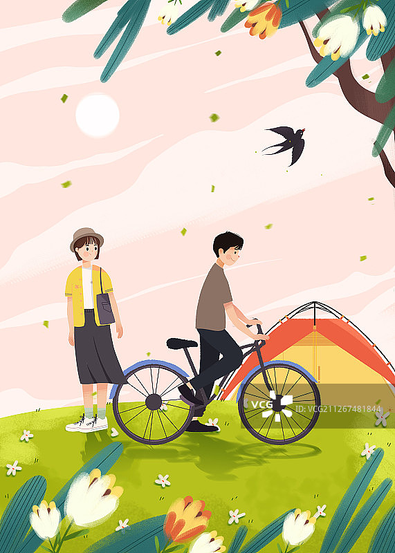 雨水节气在公园郊游的青年男女图片素材