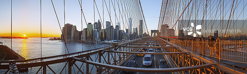 布鲁克林大桥与纽约市下曼哈顿天际线图片素材