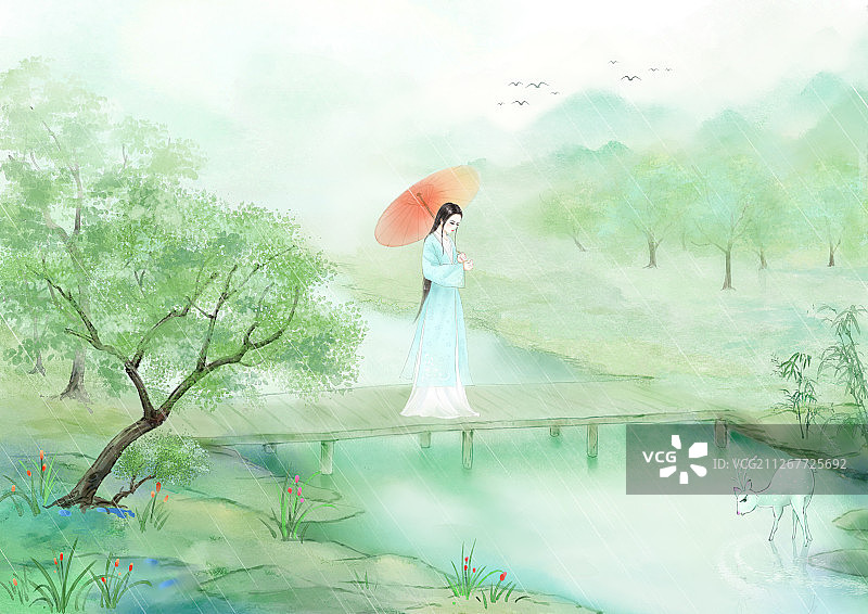 手绘中国风小清新水彩风格山水风景插画图片素材