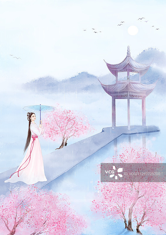 手绘中国风小清新水彩风格山水风景插画图片素材