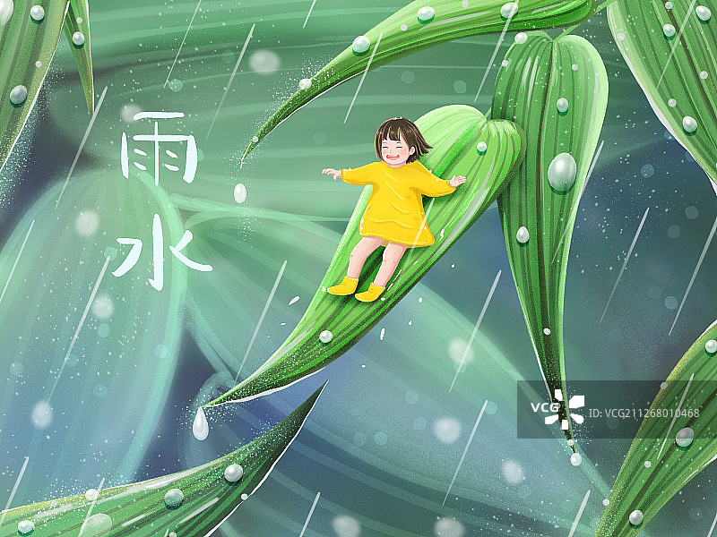 雨水节气女孩在树叶上玩耍图片素材