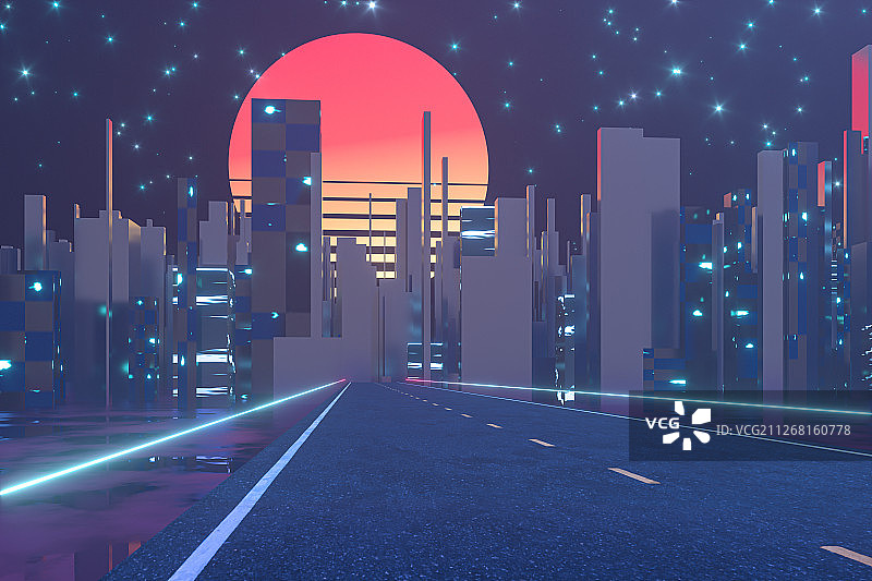 沥青道路与远方城市的灯火 三维渲染图片素材