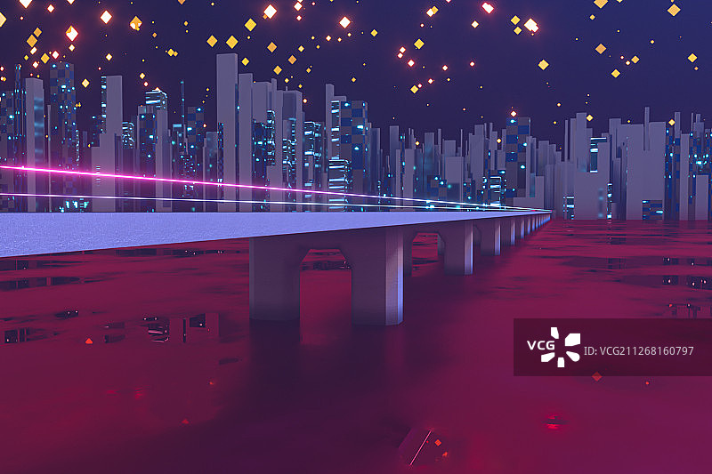 沥青道路与远方城市的灯火 三维渲染图片素材