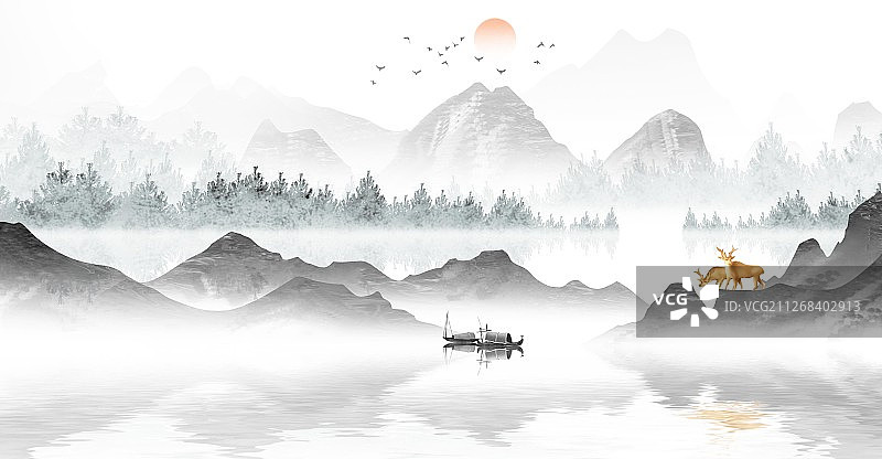手绘中国风意境水墨山水画新中式背景插画图片素材
