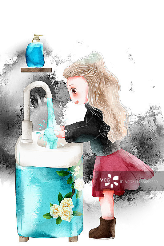 预防流感生活之女孩勤洗手插画图片素材