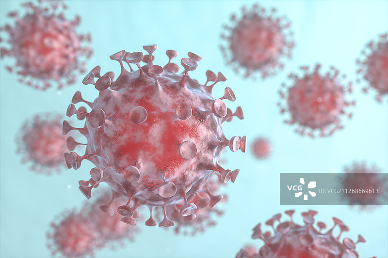 病毒与蓝色液体背景 三维渲染图片素材