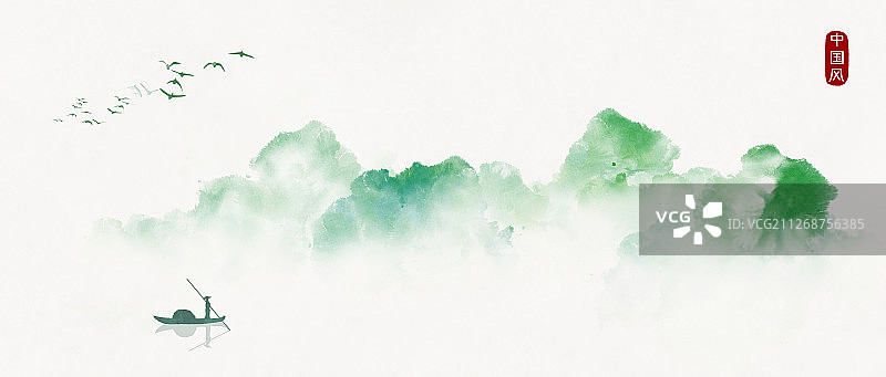 绿色山水画有印章图片素材