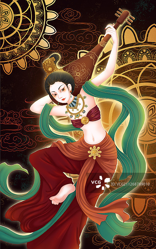 敦煌飞天反弹琵琶神女插画图片素材