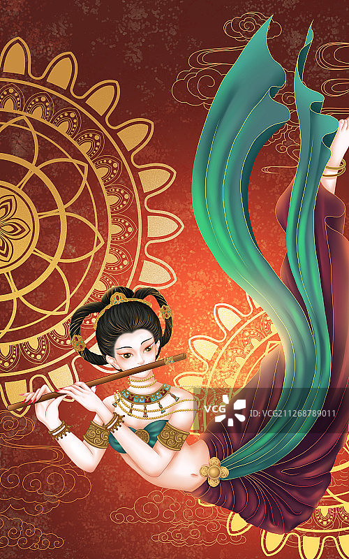 敦煌飞天吹笛子神女插画图片素材