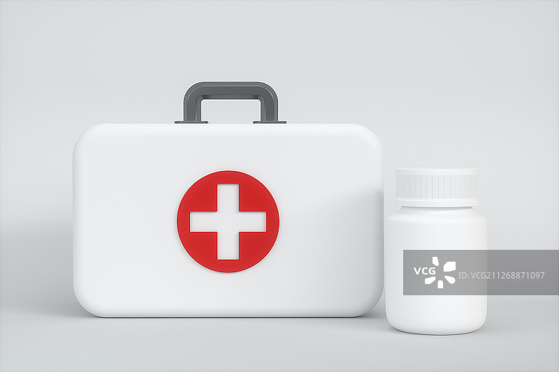 白色医药箱与药品瓶子 三维渲染图片素材