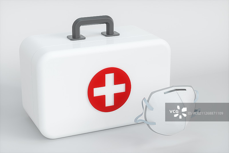 白色背景下的急救箱与口罩 三维渲染图片素材