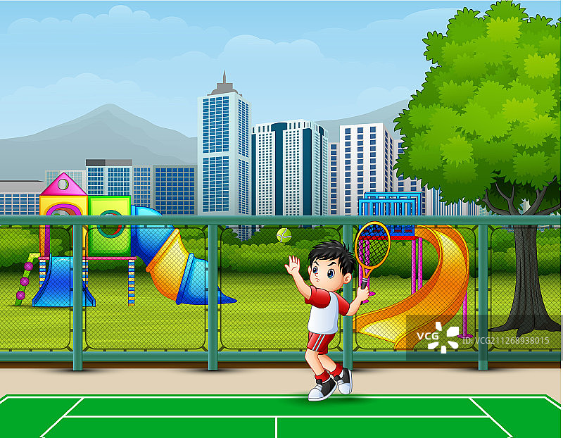 在球场上打网球的男孩图片素材